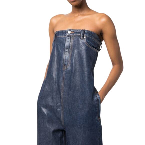 Alexander Wang Crystal Embellished Waxed Denim Strapless Jumpsuit - Picture 4 of 16